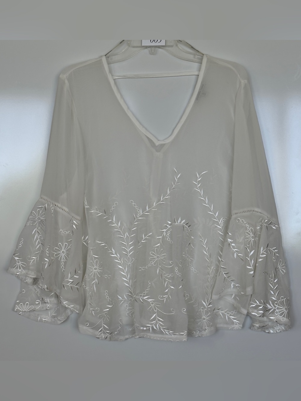 Vintage Charlotte Russe Boho White Chiffon Embroidered Bell Sleeve Top Size XL